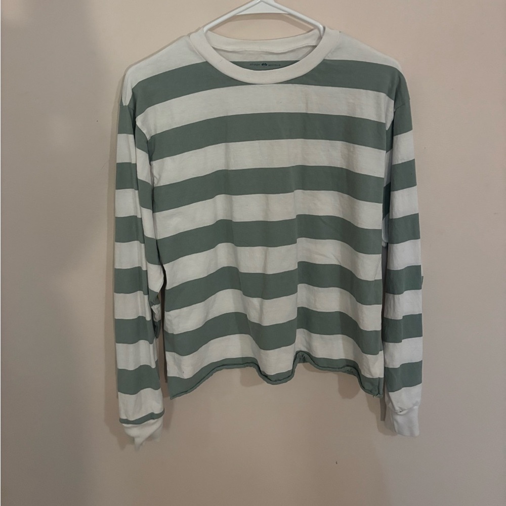 Brandy Melville Green and White Striped Long Sleeve Tee